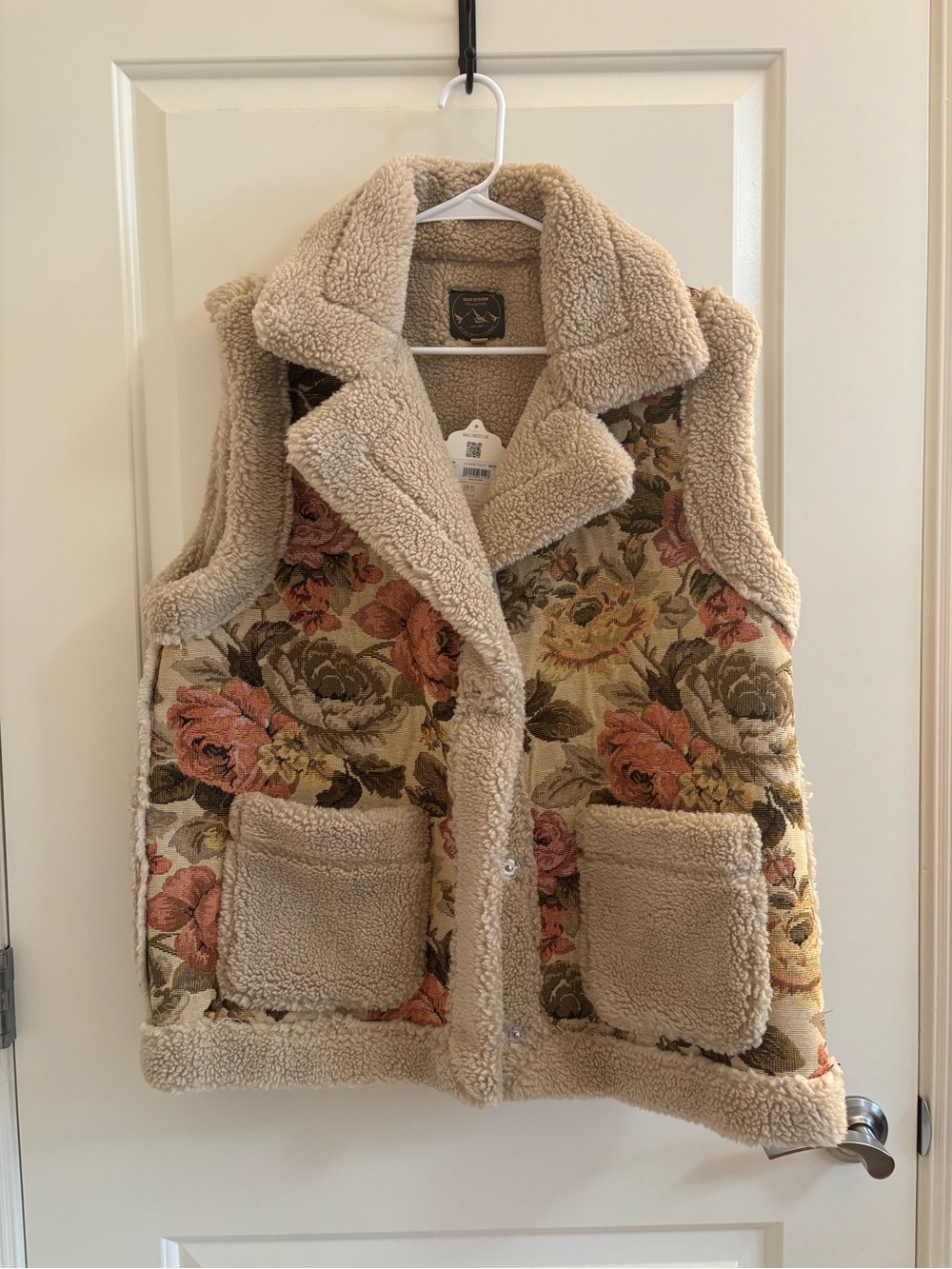 Altar'd State Beige Floral Teddy Vest with Rose and Olive Tapestry Panels